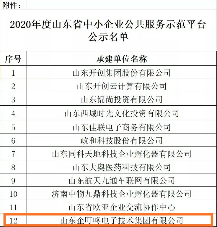 2020年度山东省中小企业公共服务示范平台